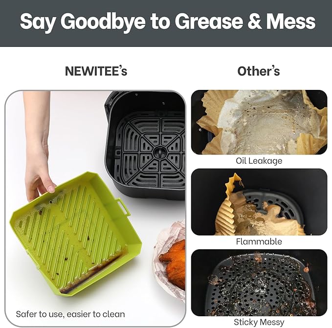 NEWITEE 5QT Air Fryer Silicone Liners for Ninja AF141/AF142 & COSORI CAF-L501, Square Reusable Air Fryer Liners with Handle, 2 Pack BPA Free Platinum Silicone Basket, Upgrade