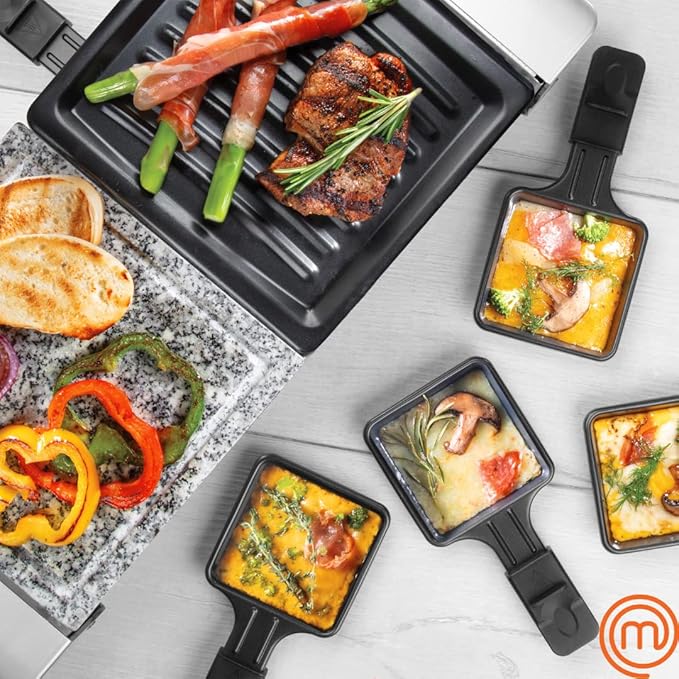 MasterChef Electric Raclette Table Grill w Non-Stick Grilling Plate & Cooking Stone- 8 Person Tabletop Cooker for Indoor, Smokeless, Korean BBQ - Melt Cheese, Cook Meat, Veggies, Appetizers-19" x 8"