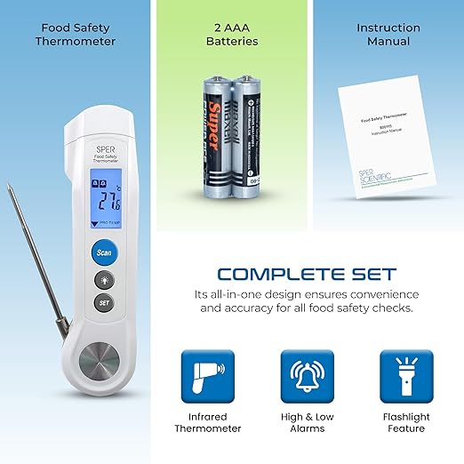Sper Scientific Dual Function Infrared & Probe Food Safety Thermometer 800115 - Non-Contact Infrared Surface Temperature & Foldable Probe for Internal Temps, Fast & Accurate for Kitchens & more - 2 pc