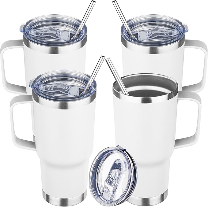 20 oz Tumbler with Handle Stainless Steel Insulated Coffee Mug Tumbler with Lid and Straw Double Wall Vacuum Insulated Coffee Mug Leak Proof Travel Mug for Hot and Cold Drink (White,4pack)