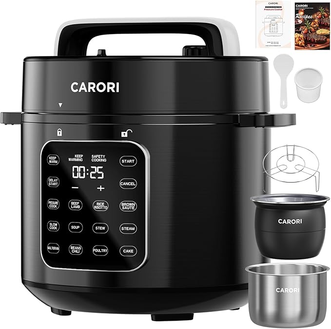6Qt 9-in-1 Electric Pressure Cooker, Dual Inner Pots, Stainless Steel Pot and Non-Stick Pot, 12 Preset Cooking Programs with IMD Touchscreen, Safe Vent, Slow Cook, Rice Cook, Steam, Black