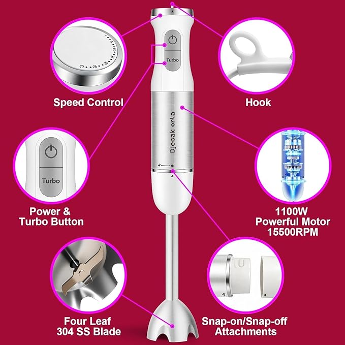 Upgraded 1100W 5-in-1 Immersion Hand Blender – 30 Speed Settings, Up to 15,500 RPM, Handheld with Milk Frother & Food Processor, White
