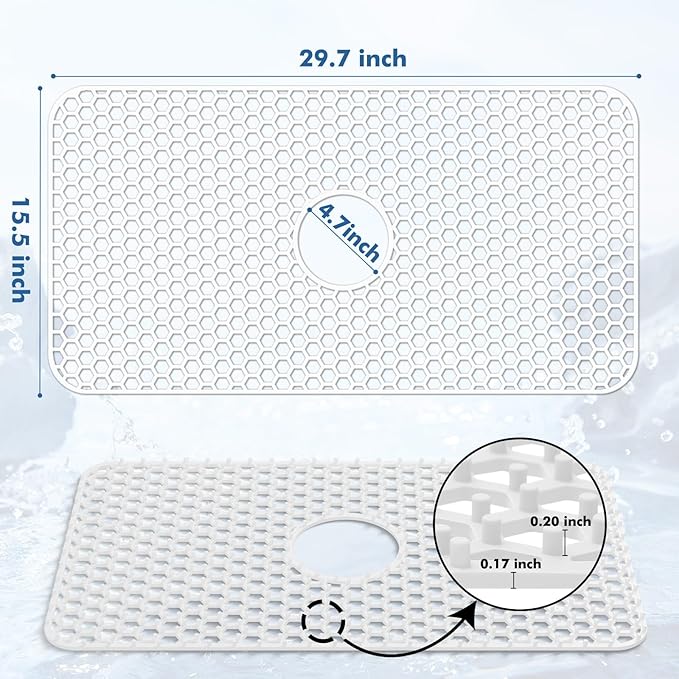 Bestjing Silicone Sink Protectors for Kitchen Sink with Center Drain - 29.7"x 15.5" Kitchen Protector Accessory, Non-Slip Heat Resistan Mat for Bottom of Farmhouse Stainless Steel Porcelain (White)