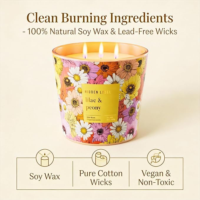 Lilac & Peony Scented Candle, 30oz Large 3 Wick Soy Candle for Home, 100 Hours Long Burning Highly Scented Candles, Luxury Glass Jar Candle, Gifts for Women, Mother's Day, Home Decor