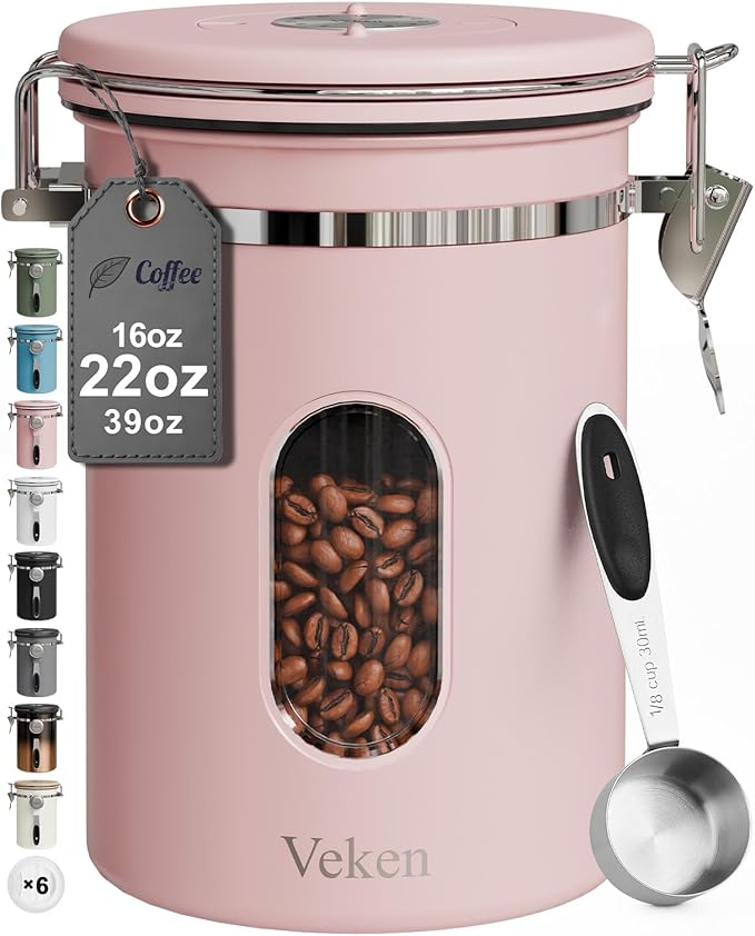 Veken Coffee Canister with Window, Airtight Stainless Steel Kitchen Food Storage Container with Lids, Date Tracker and Scoop for Grounds Coffee, Beans, Tea, Flour, Cereal, Sugar Jars, 22OZ, Pink