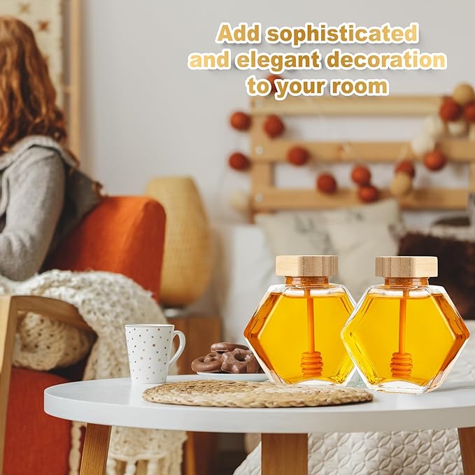 Sunnyray 20 Pcs Glass Honey Jars with Dipper Hexagonal Clear Glass Dispenser Small Honey Containers Bottle with Wooden Dipper and Cork Lid for Home Storage Kitchen (220 ml)