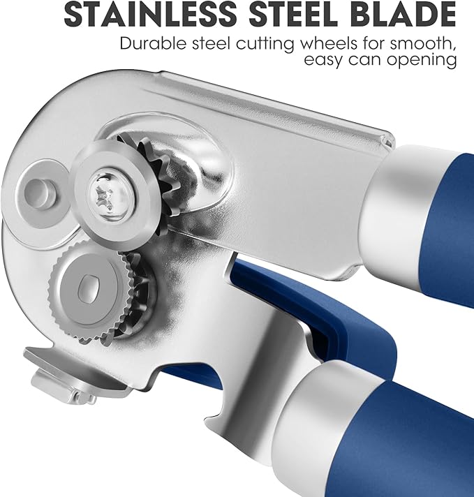 Manual Can Opener, UHIYEE Handheld Can Opener Heavy Duty with High Carbon Sharp Blade, Ease Can Open for Seniors with Comfort Grip Handles, Oversized Turn Knob, Blue