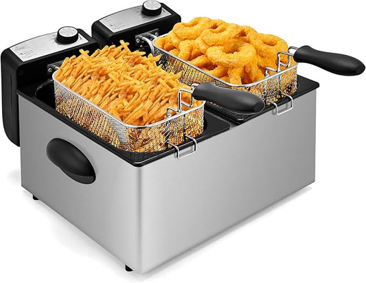 Pukomc Electric Double Deep Fryer with 2 Baskets & Lids, 3L Stainless Steel Removable Double Fryer,Temperature Control,Overheat Protection,3000W