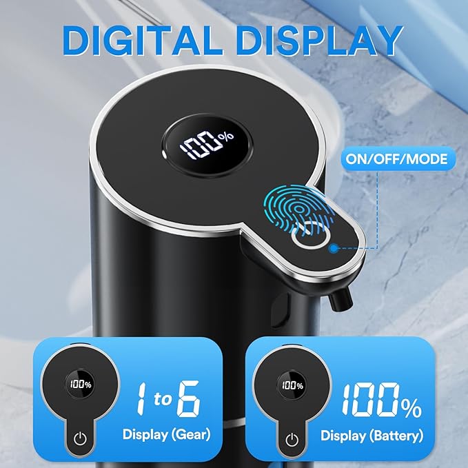 Automatic Liquid Soap Dispenser Touchless, Rechargeable Electric Dish ＆ Hand Soap Dispenser with Smart Digital Display, 6 Adjustable Level, Wall Mounted, 380ml IPX5 for Kitchen and Bathroom