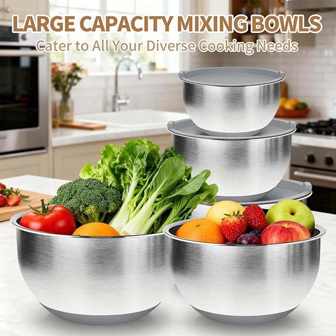 Deedro Premium Mixing Bowls with Airtight Lids Set, 22Pcs Thicker Stainless Steel Mixing Bowl Set, Large Prep Metal Bowls, Non-Slip Silicone Base Nesting Bowls for Kitchen, 1.5/2/3/4/5 QT, Gray
