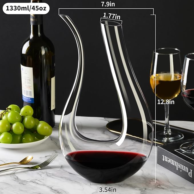 PARACITY Wine Decanter, Hand Blown Lead-Free Crystal Glass Red Wine Decanter 45oz U-Shape with Aerator for Women and Men, Wine Gifts for Christmas, Birthdays