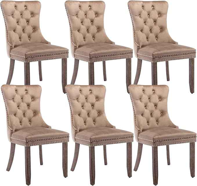 Upholstered Dining Chairs Set of 6, Velvet Dining Room Chairs with Back Ring Pull Trim and Solid Wood Legs, Tufted Wingback Kitchen Chair Perfect for Dining Room,Living Room,Kitchen(Khaki)