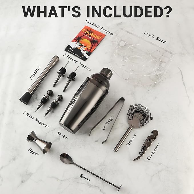 Bartender Kit Cocktail Shaker Set, Stainless Steel Cocktail Kit with 12 Piece Bar Accessories, 25oz Shaker Bar Set Drink Mixer Set with Stand Jigger Strainer Spoon Muddler for Cocktails (Black)