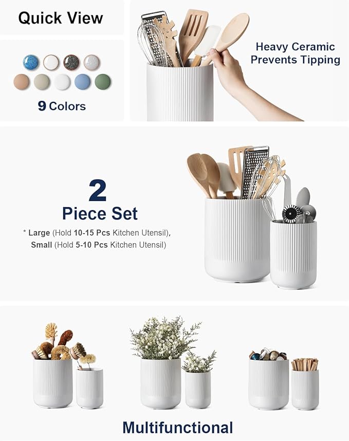 LE TAUCI Utensil Holder for Kitchen Counter, 7.3"+5.4" Fluted Ceramic Utensil Crock Organizer for Countertop, Heavy Large Holder for Spatulas, Spoons, Set of 2, White, Kitchen Counter Decor