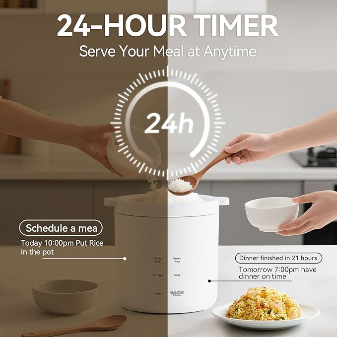olayks Mini Rice Cooker, Small Electric Cooker 2 Cup Uncooked with 4 Cooking Functions, Ceramic Rice Cooker with 24 Hour Preset, Heat Preservation, Anti Scald Carry Handle