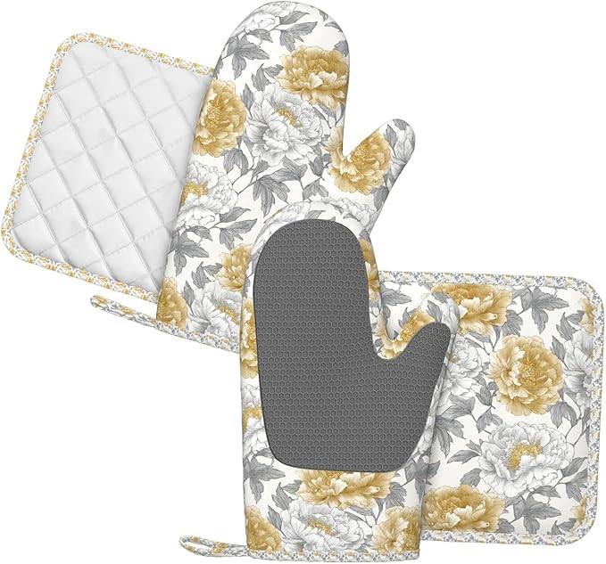 Oven Mitts and Pot Holders Vintage Flower Peony Floral Silicone Kitchen Accessories Set of 4 Heat Resistant Long Gloves Potholder Non-Slip Grip for Chef Cooking Baking Grilling BBQ