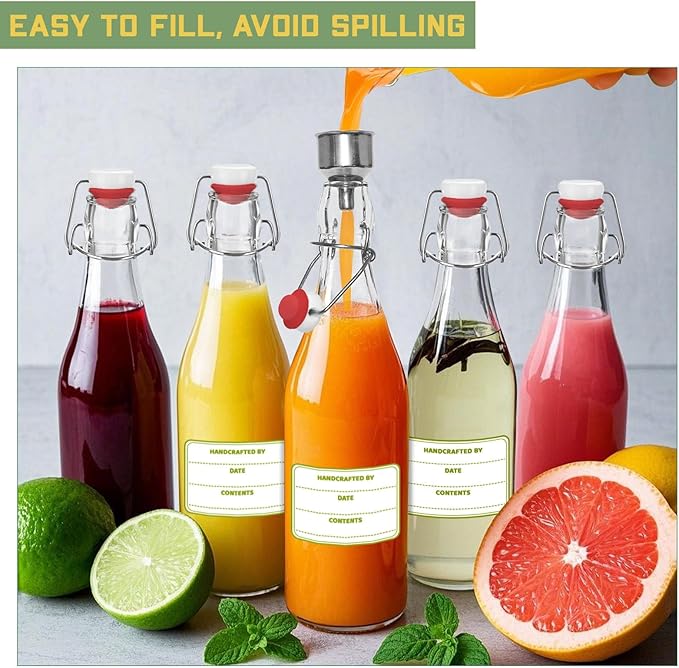 4 Pack [1 Liter / 33 fl. oz.] Swing Top Glass Bottles – Airtight Flip Top Brewing Bottles for Kombucha, Beer, Wine, Kefir, Soda, Liquor – Includes Funnel, 2 Pourers, 6 Seals, 8 Labels & Jute Twine
