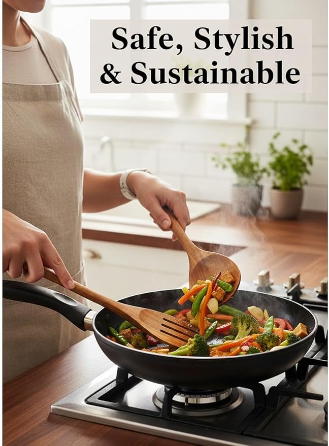 Natural Teak Wood Kitchen Utensil Set - 10 Piece Non-Stick Cooking Spoons & Spatulas, Heat Resistant & Eco-Friendly, Durable Wooden Tools for Nonstick Cookware
