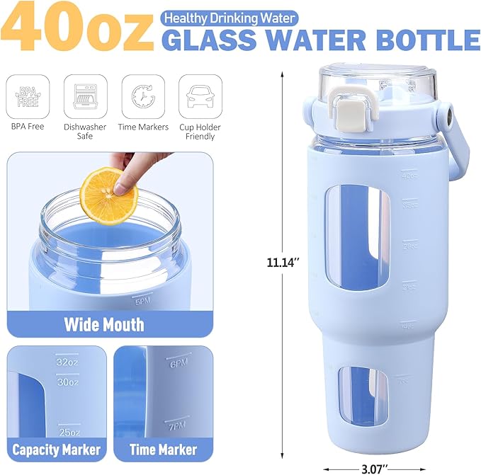BLUEGO 40oz Glass Water Bottles with Straw Time Marker Half Gallon Large Motivational Water Bottle with Silicone Sleeve 2 Liter Large Glass Water Jug for Gym, Sports& Workout, Daily, Light Blue