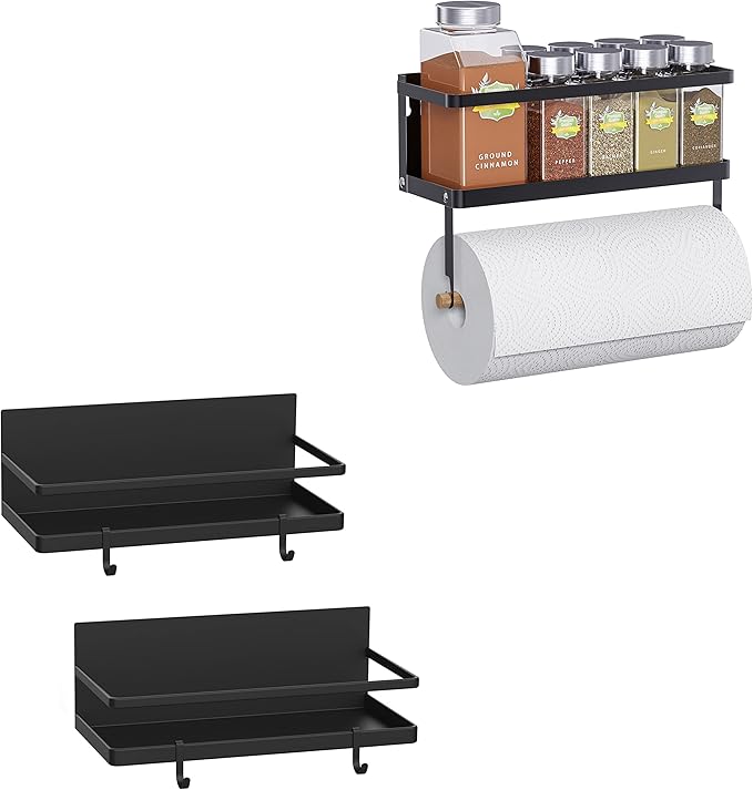 Thipoten Magnetic Spice Rack, 2-in-1 Foldable Strong Magnetic Shelf with Paper Towel Holder, Perfect Space Saver for Small Kitchen/Apartment, Easy to Install on the Side of Refrigerator(Black)