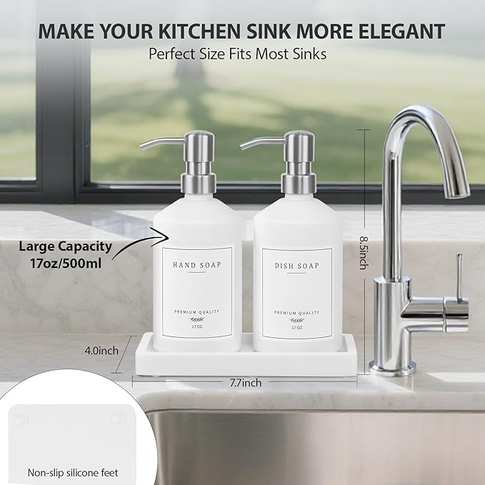 White Glass Soap Dispenser for Kitchen, Dish and Hand Soap Dispenser with Silver Stainless Steel Pump, Modern Kitchen Decor and Accessories (White Bottle/Silver Pump)