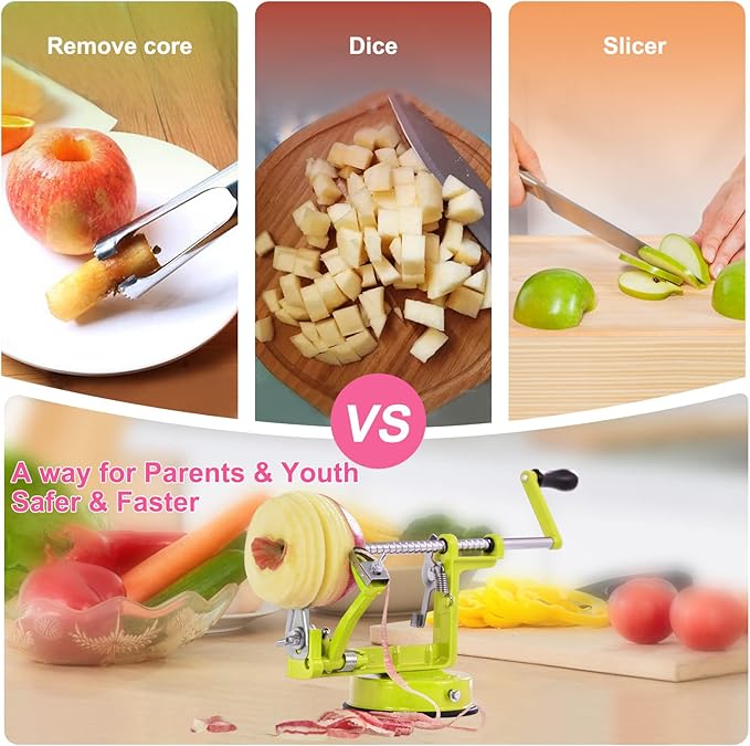 Apple Peeler, Slicer Corer Potato Peelers 3 In 1, Stainless Steel Heavy Duty with Suction Cup Base And 3 Extra Blades (Green)