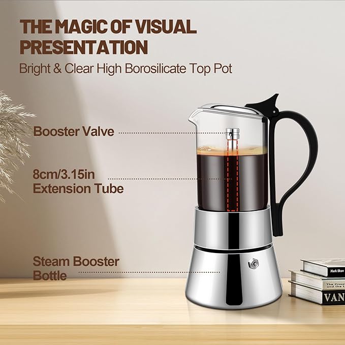 4 Cup Glass Transparent Moka Pot Stainless Steel Uncoated Stovetop Espresso Maker Italian Coffee Makers Mocha Greca Machine Cafe Classic Induction Cookers for Home Camping 220ml