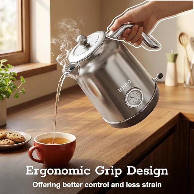 Trisiko® 1.7L Large Electric Kettle with Thermometer,57.oz Electric Tea kettle with Automatically Shut Off,304 Stainless Steel,1200W Hot Water Kettle Electric for Coffee&Tea (Chrome)