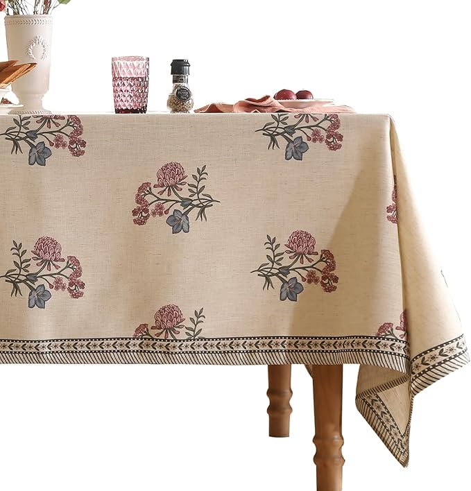 ISAENNE Designer Linen Light Beige Table Cloth for Rectangle Table,French Colorful Floral Table Cloth,Stain Resistant Decor Tablecloths for Dining Thanksgiving Kitchen,55"*87"-Helena E