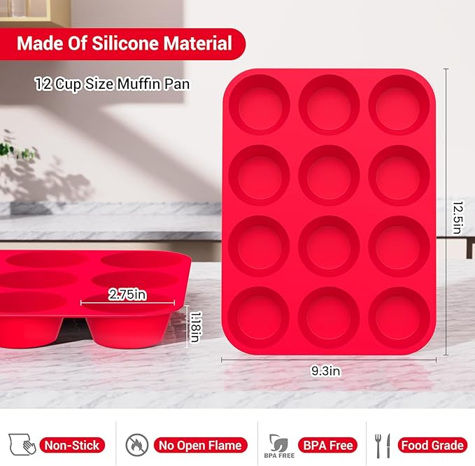 Redfly 3 Pack Silicone Muffin Pans for Baking & Cupcake Pan - 12 Cup Regular Size Silicone Molds, BPA Free Egg Bites Mold