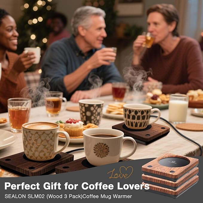 SEALON SLM02 Electric Coffee Mug Warmer (Wood, 3-Pack) - 3-Temperature Desk Cup Warmer with Auto Shut-Off (4 Hours) for Heating Coffee, Tea, Milk & Beverages