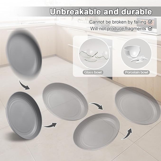 12 Pcs Unbreakable Deep Dinner Plates Set, 9 inch Reusable Plastic Wheat Straw Plates, Microwave and Dishwasher Safe Plate for Kitchen, Lightweight Plate for Dessert, BPA Free, Light Gray
