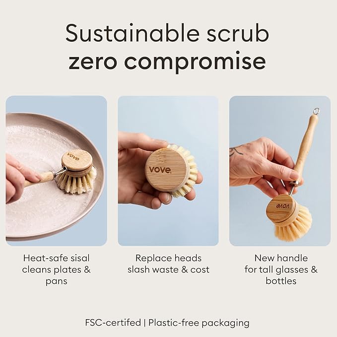 Vove Cleaning Essentials Set – Bamboo Dish Brush with Replacement Head, 2 Scrub Brushes, 2 Scrub Sponges – FSC Certified, Plastic-Free, Natural Bristles & Loofah – Eco-Friendly Kitchen Cleaning Kit