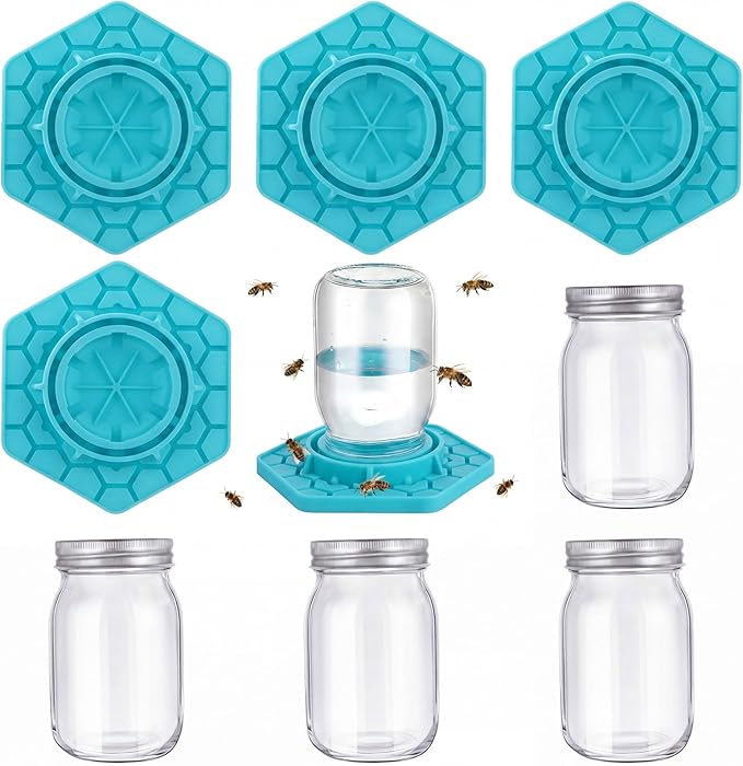 4 Pack Bee Feeder for Mason Jar Bee Watering Station Garden Silicone Sugar Water Feeder Beekeeping Drinking Equipment Tools with Mason Jars for Drinking Water(Teal)