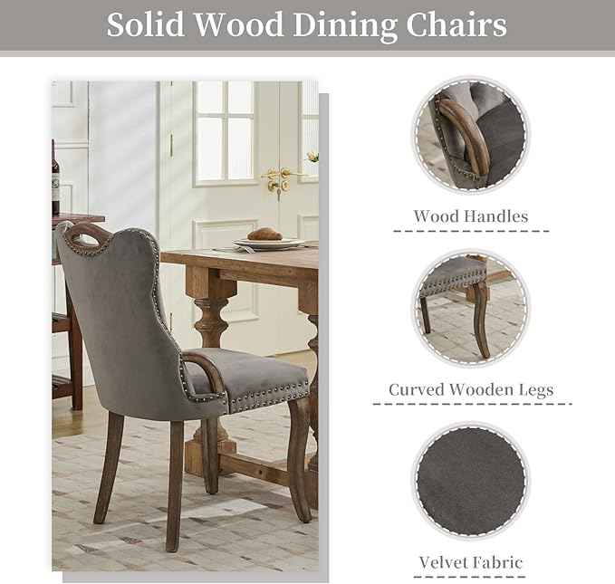 Grey Velvet Dining Chairs Set of 6，Modern Upholstered Dining Room Chairs with Tufted Back and Wood Accents, Curved Solid Wood Legs & Nailhead Trim, Sillas De Comedor Modernas 6