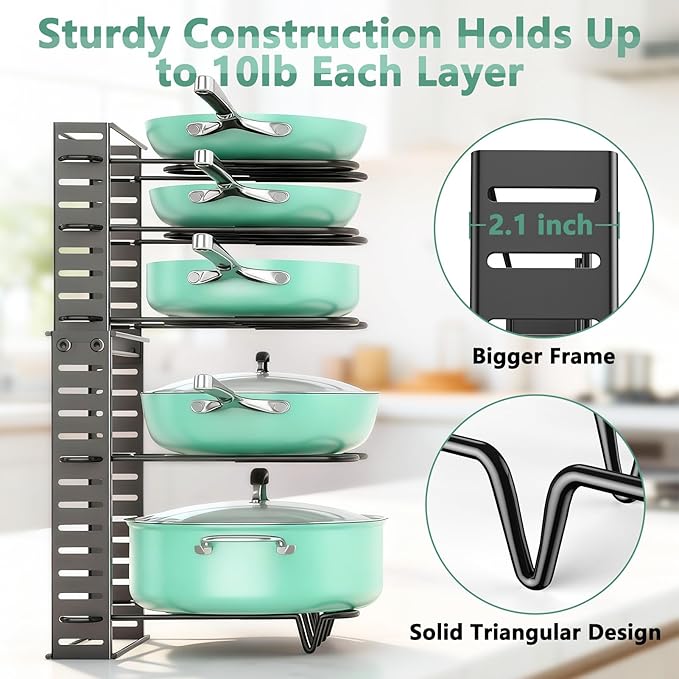 ORDORA Pots and Pans Organizer under Cabinet, 8 Tier Pot Organizers Rack Expandable 11.65" to 19.02" Height with 3 DIY Methods, Adjustable Pan Organizer inside Cabinet Kitchen Storage Organization