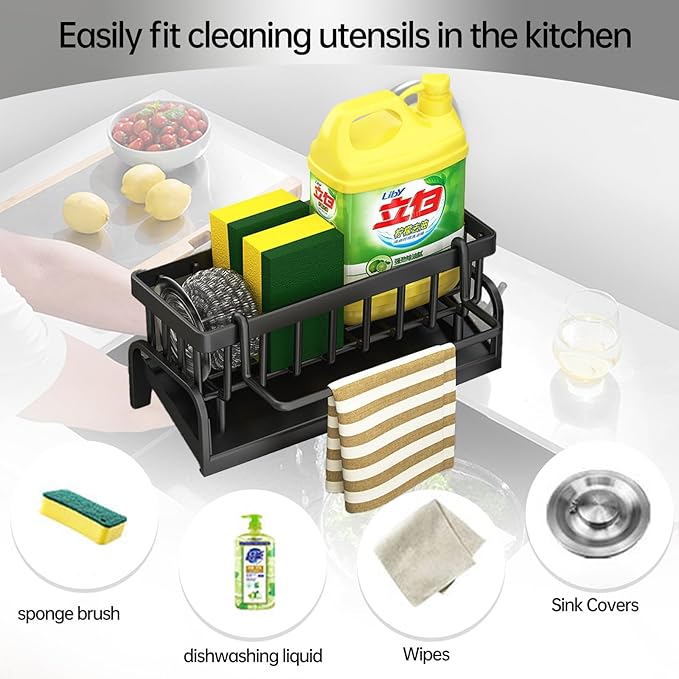 Sponge Holder for Kitchen Sink,Kitchen Sink Organizer caddy with Auto Drain Tray（Plastic）