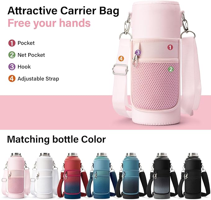 DYSANKY Insulated Water Bottle | Thickened Stainless Steel Vacuum Metal | Portable Sports Water Jug for Gym and Hiking with Straw, Carrier Bag, Handle Strap | BPA-Free 40 oz, Pink