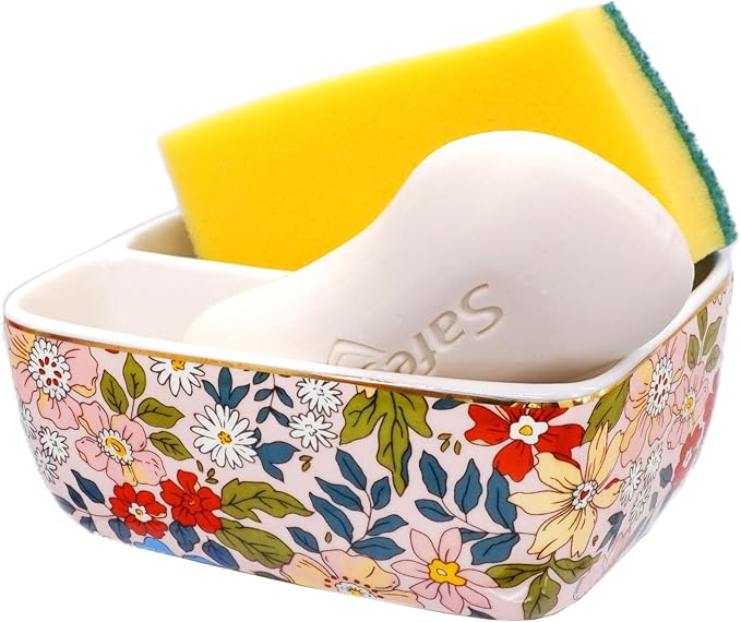 2 Compartments Ceramic Sponge Holder for Kitchen Sink, Cute Floral Pattern Countertop Dish Sponges Holder Soap Sink Organizer Caddy Farmhouse Home Kitchen Decor Vintage Pink Flowers