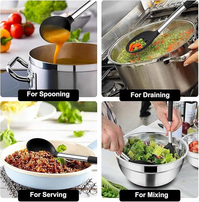 Pack of 4 Silicone Cooking Utensils Set, Non Stick, Heat Resistent Large Solid Spatulas, Slotted Spoons, BPA Free, Kitchen Turners for Frying, Mixing,Serving,Draining,Turning,Stirring