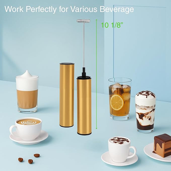 Rechargeable Electric Milk Frother Handheld,2-Speed Travel Frother with Tube Case, Milk Foamer Coffee Frother for Latte, Cappuccino, Drink Mixer with 2 Stainless Whisks and Charger Golden