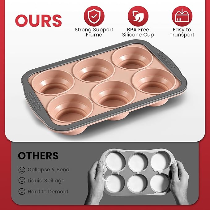 Silicone Muffin Pan - 6 Cups Regular Size Cupcake Pan Egg Bite Molds Muffin Pans for Baking - Nonstick, Easy to Pop, Bakeware for Oven Dishwasher Safe, BPA Free (6-Cups Pink)