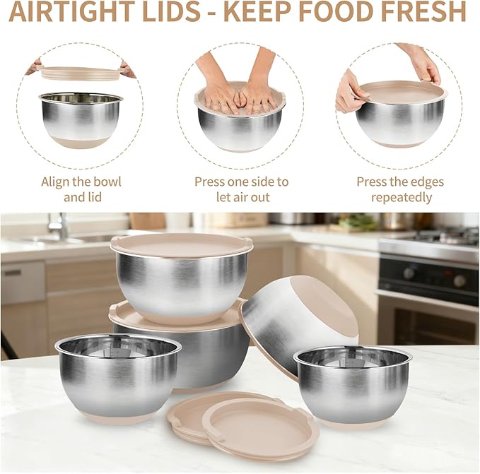 Deedro Premium Mixing Bowls with Airtight Lids Set, 22Pcs Thicker Stainless Steel Mixing Bowl Set, Large Prep Metal Bowls, Non-Slip Silicone Base Nesting Bowls for Kitchen, 1.5/2/3/4/5 QT, Khaki