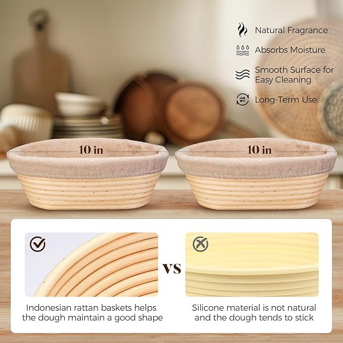 Banneton Bread Sourdough Proofing Basket - Sourdough Starter Kit Set Of 2, Sourdough Bread Baking Supplies 10" Oval Set of 2, Bread Proofing Basket with 8 Accessories