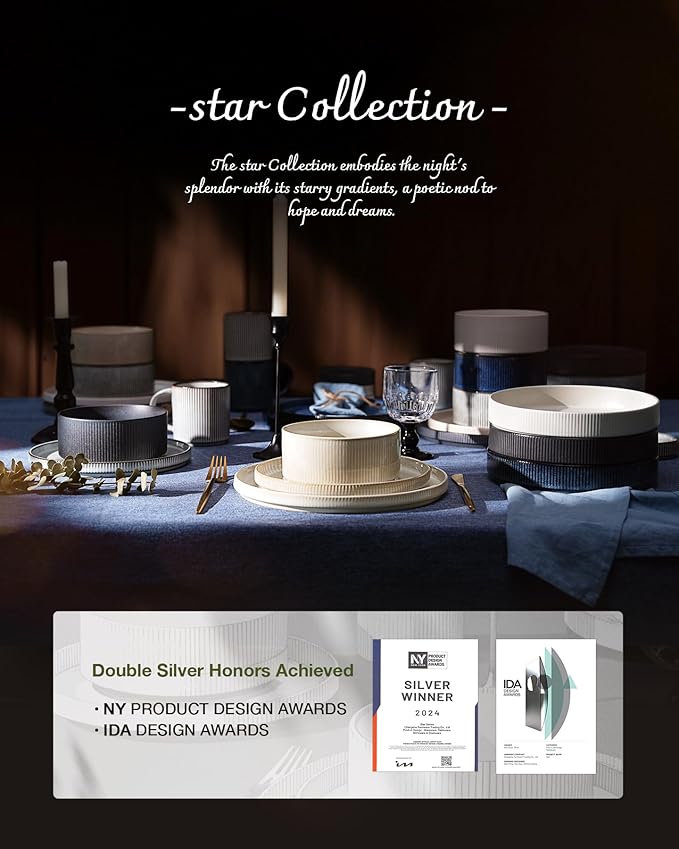 Famiware Star Dinnerware Set, Plates and Bowls Sets for 8 (24pcs), Ribbed Stoneware Dishes - Chip & Scratch Resistant, Microwave & Dishwasher Safe, Matte Gray