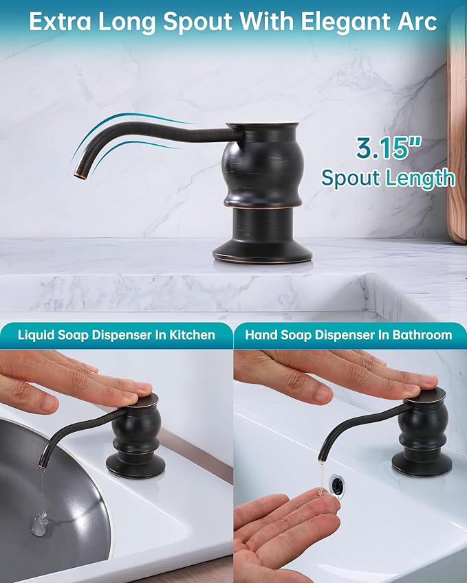 Brass Kitchen Soap Dispenser, Oil Rubbed Bronze in Sink Liquid Dish Soap Dispenser, Under Sink Hand Metal Dispenser Pump, 47.2" Silicone Long Tube for 0.79 "- 1.38" Bottle Mouths