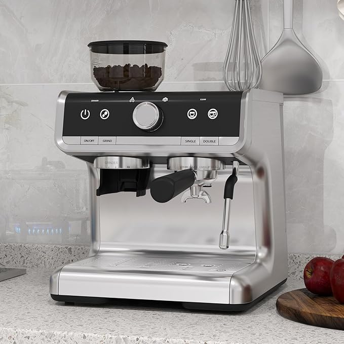 20 Bar Espresso Machine with Grinder, Professional Espresso Coffee Maker with Milk Frother, Brushed Stainless Steel, 1450W 2.8L Water Tank, for Home, Commercial Cappuccino Machines