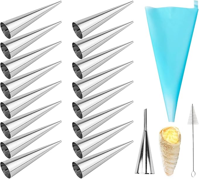 Cream Horn Molds, 16 Pack 5 Inch Pastry Roll Molds with Piping Bags Reusable, Cleaning Brush, Long Cream Icing Piping Nozzle Baking Accessories Tool for Mum and Baker