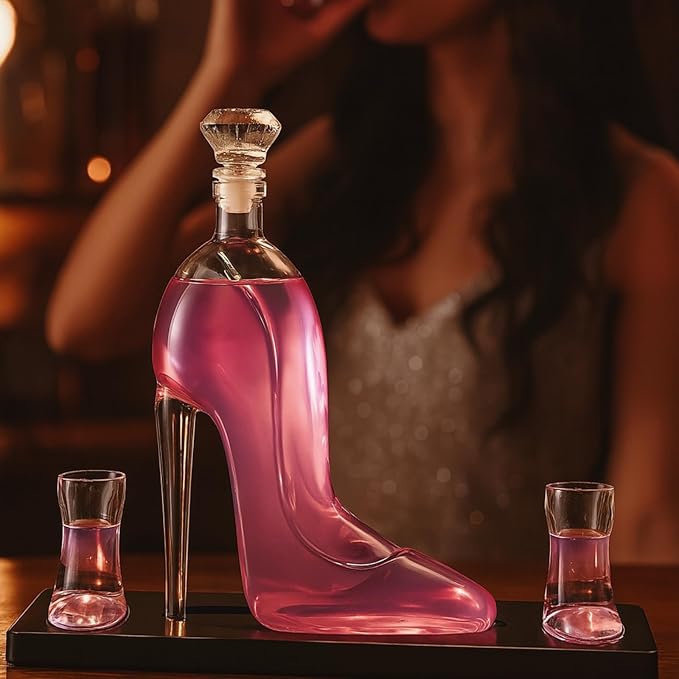 Heel Stiletto High Heels Whiskey and Wine Decanter With Heel Glasses & Wood Base - Elegant with Stopper for Liquor, Bourbon, Tequila - Unique High Heel Design, Present Gift for Women, Stylish Barware