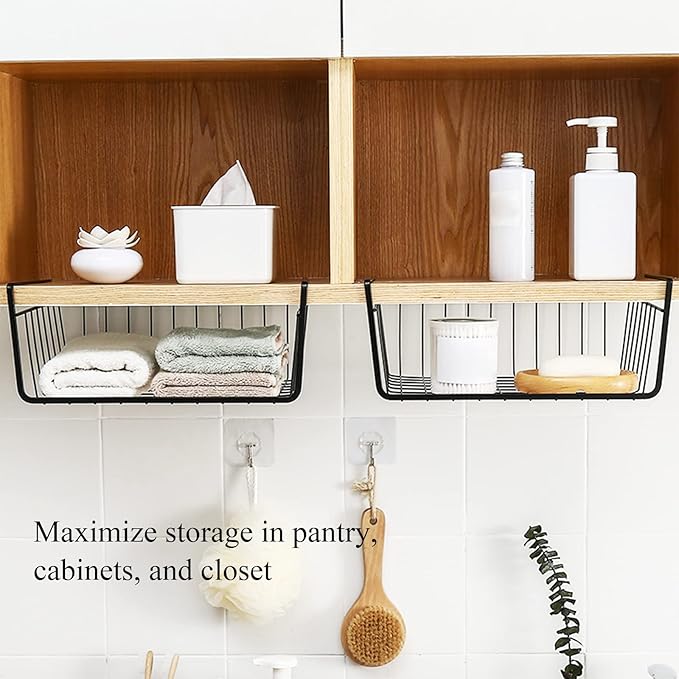 Tebery 4 Pack Black Under Shelf Wire Basket, Hanging Storage Baskets Under Cabinet Add-on Storage Racks, Slide-in Baskets Organizer for Kitchen Pantry Desk Bookshelf